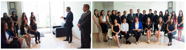 Primera foto: Discurso del Sr. Fermín Cuza, Presidente Internacional de World BASC Organization, a los colaboradores del Capítulo BASC Perú.  Segunda foto: El Sr. Fermín Cuza, Presidente de WBO, junto a colaboradores del Capítulo BASC Perú.