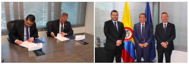 En las fotos de izquierda a derecha: Los Sres. representantes de la UIAF y BASC durante la firma del Convenio de Cooperación Técnica. Sres. Javier Gutiérrez López, Director de la UIAF, Ricardo Sanabria, Presidente de BASC Colombia y Luis Bernardo Benjumea, Director de BASC Colombia.